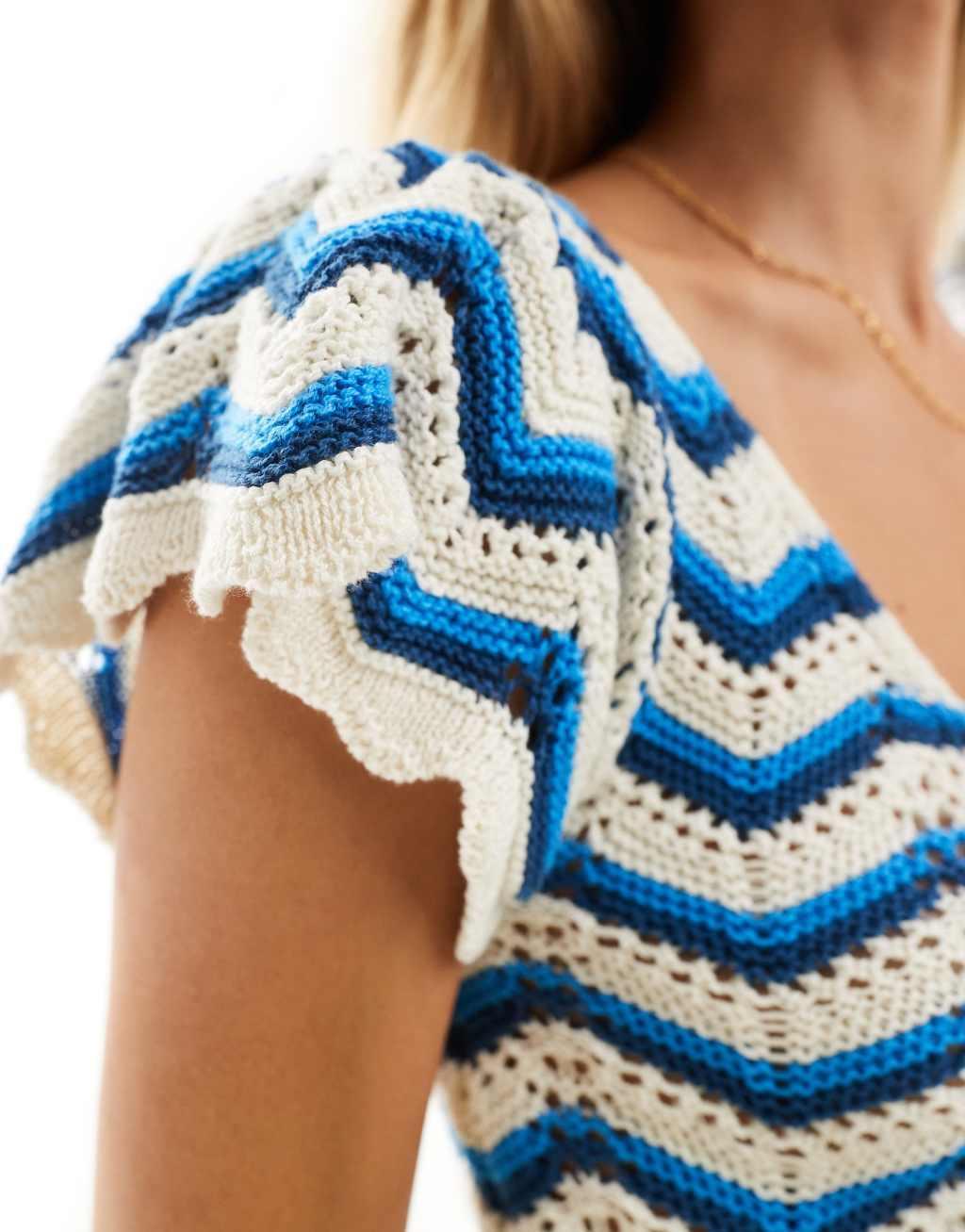 Vila crochet cap sleeve top in blue and cream Product Image