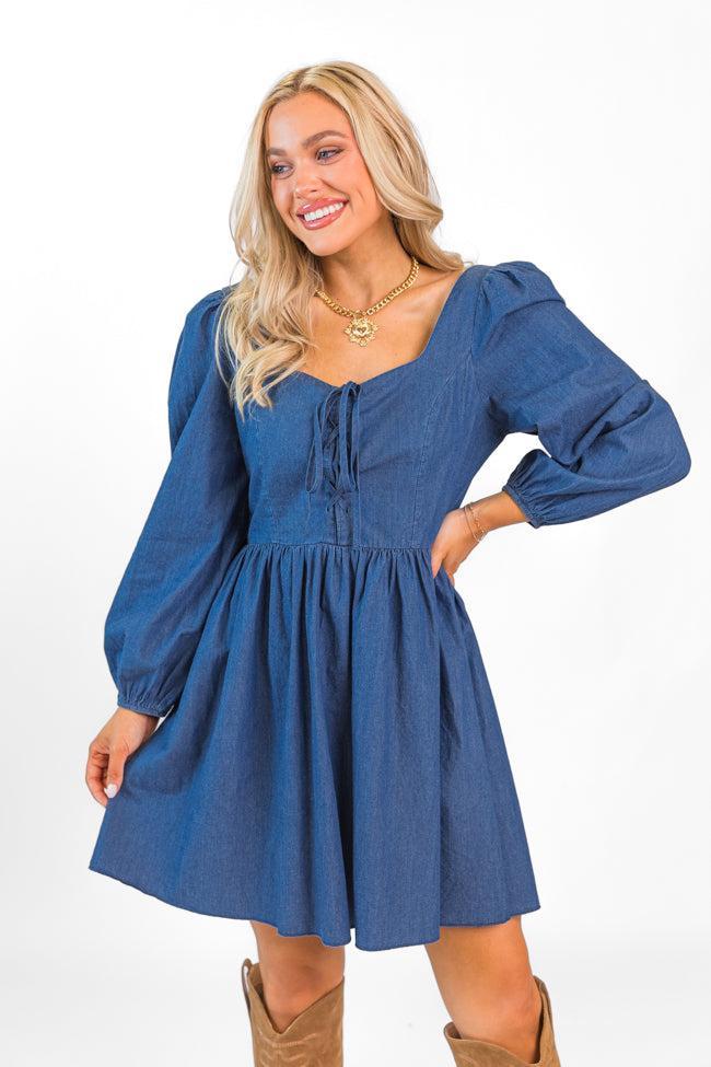 Up To Me Medium Wash Lace Up Detail Chambray Dress Product Image