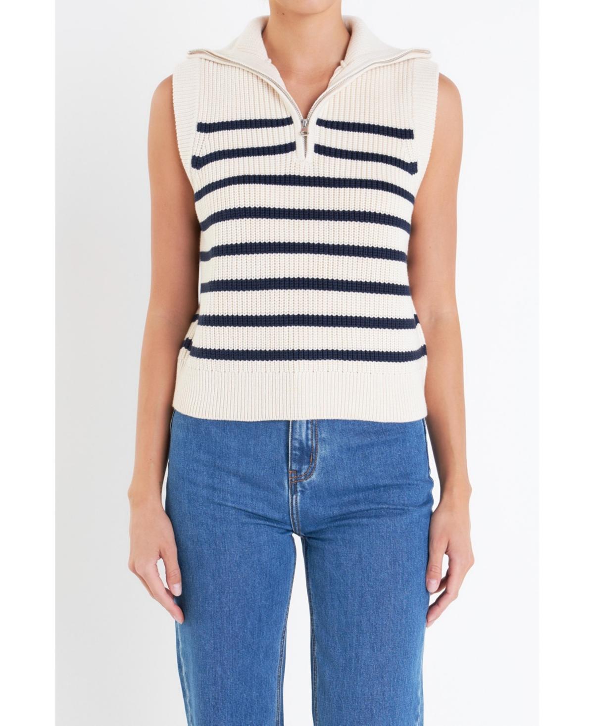 English Factory Womens Stripe Half Zip Up Sleeveless Knit Top - Cream Product Image