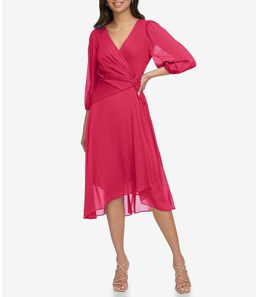 DKNY by Donna Karan Crinkle Chiffon Surplice V-Neck Elbow Balloon Sleeve Front Twist Asymmetrical Hem Faux Wrap Midi Dress Product Image