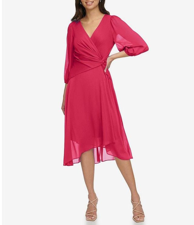 DKNY Crinkle Chiffon Surplice V-Neck Elbow Balloon Sleeve Front Twist Asymmetrical Hem Faux Wrap Midi Dress Product Image