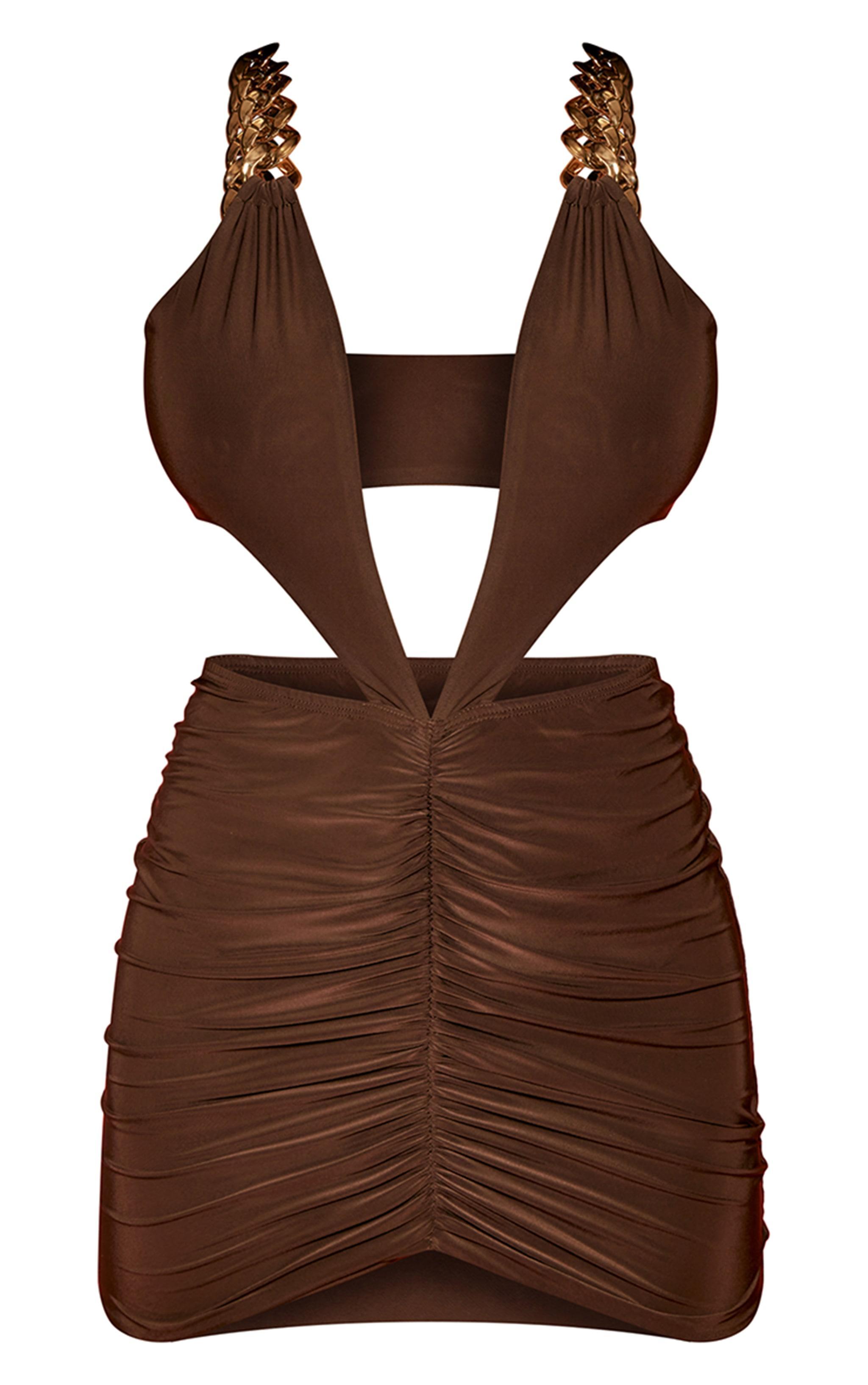 Dark Brown Double Layer Slinky Extreme Plunge Bodycon Dress Product Image