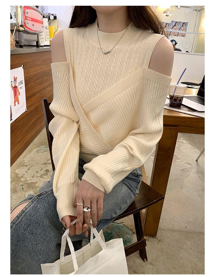 Cold-Shoulder Plain Ribbed Mock Two-Piece Sweater Product Image