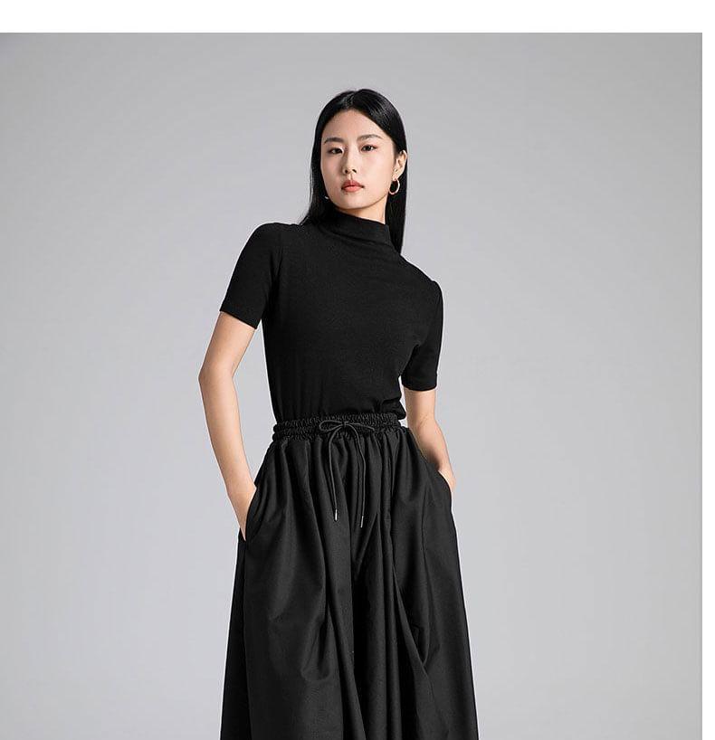 Drawstring Waist Plain Midi A-Line Skirt Product Image