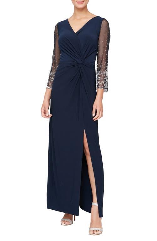 Alex Evenings Long Surplice Neckline Dress w/ Embellished Illusion Sleeves, Knot Front (Dark ) Women's Clothing Product Image