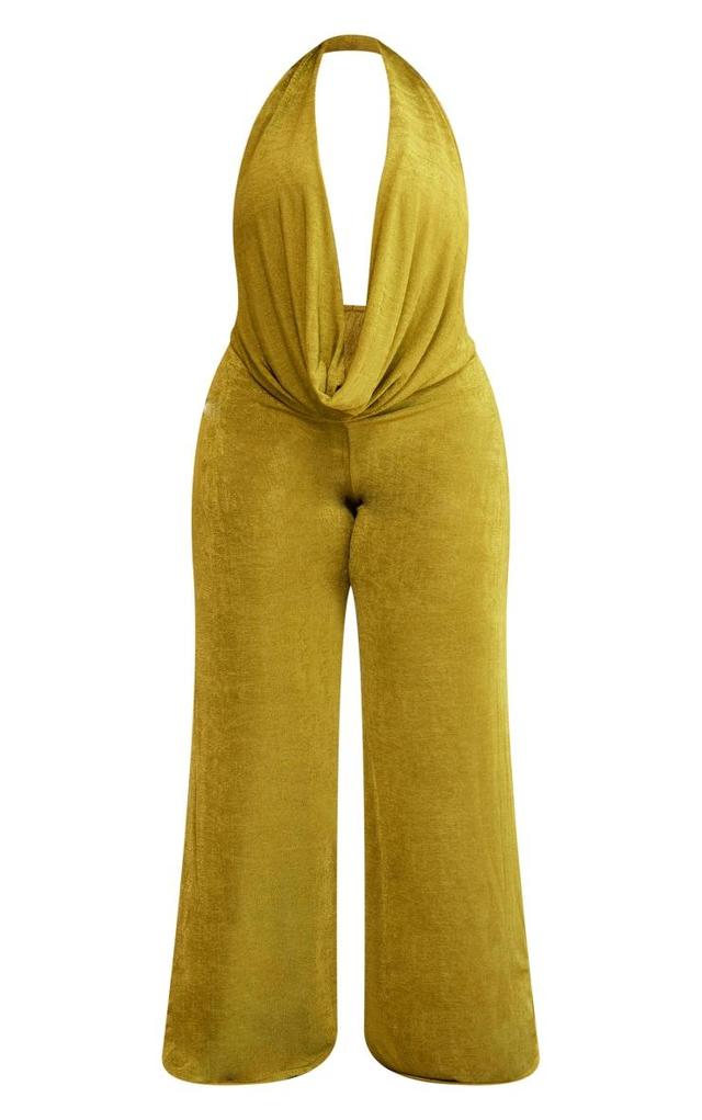 Plus Olive Acetate Slinky Plunge Jumpsuit Product Image