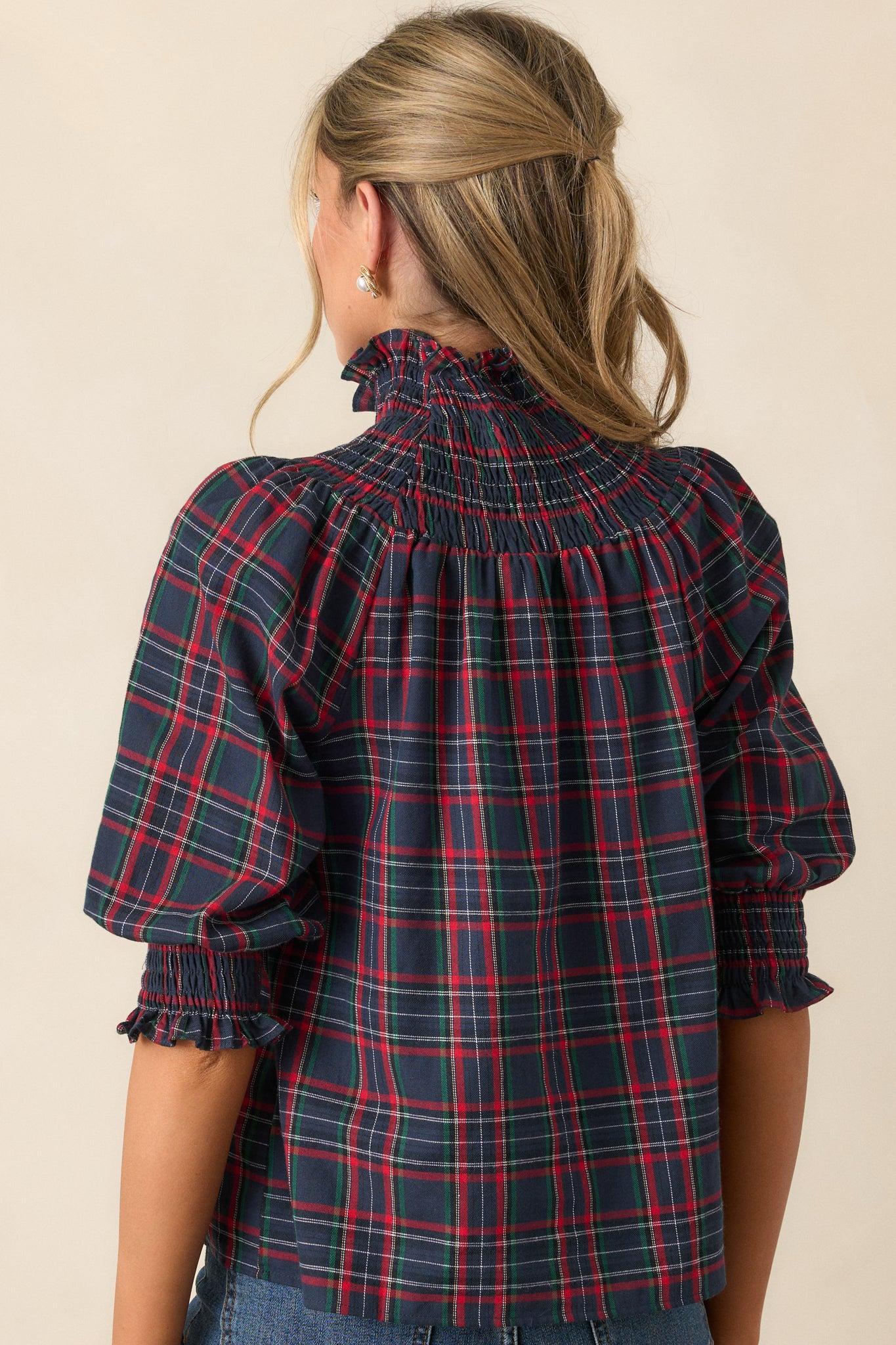 In The Zone 100% Cotton Navy Plaid Smock Neck Blouse Product Image