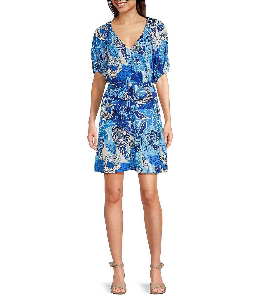 Alex Marie Allison Satin Back Crepe Floral Short Sleeve Belted A-Line Dress Product Image