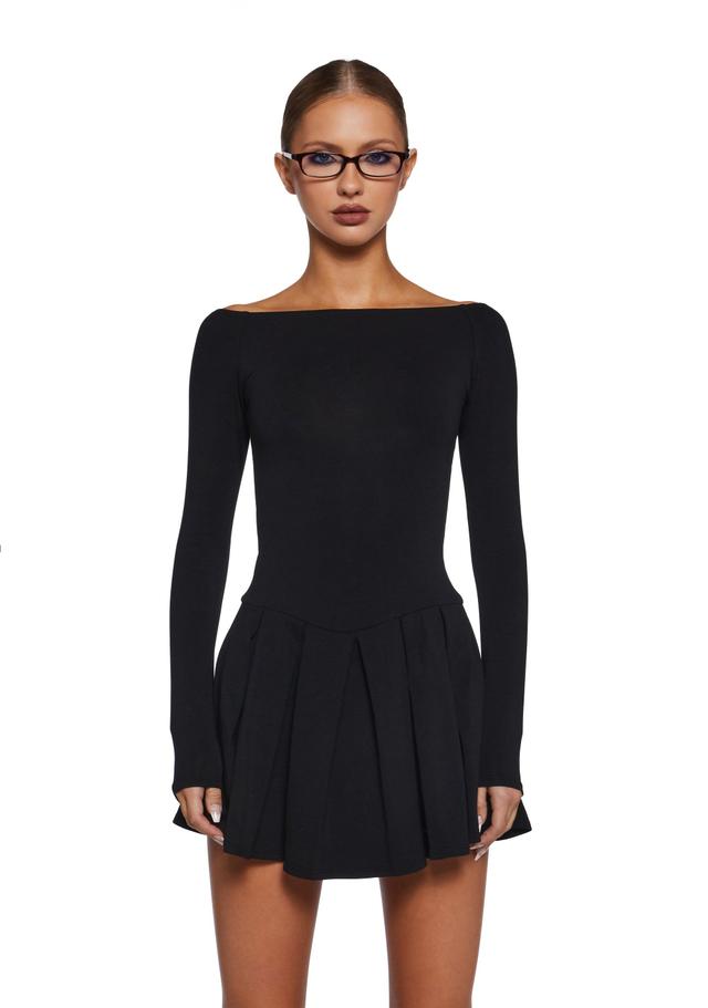 Knit Long Sleeve Pleated Skirt Mini Dress - Black Product Image