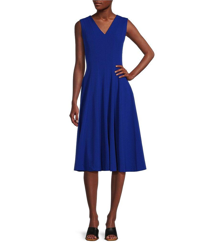 Calvin Klein Scuba Crepe Sleeveless V-Neck Fit and Flare Dress Product Image