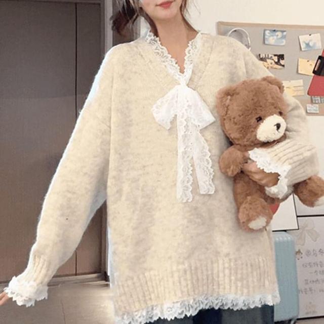 V-Neck Lace Trim Sweater Product Image