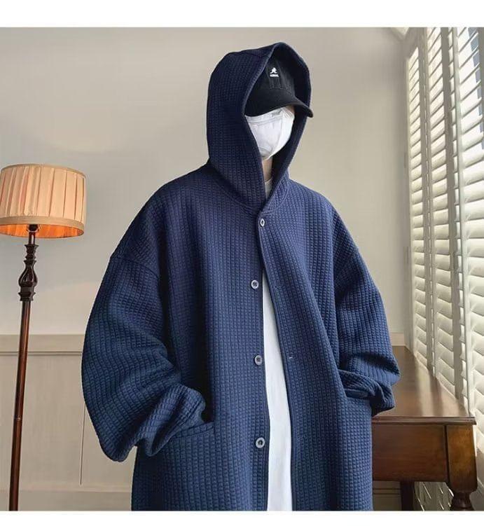 Plain Hooded Oversized Single-Breasted Jacket Product Image