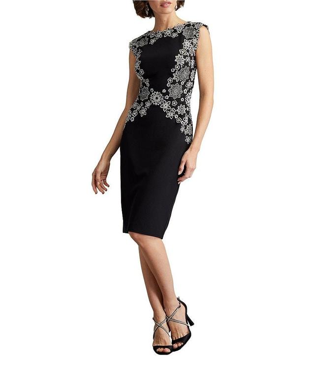 Tadashi Shoji Floral Embroidered Crepe Boat Neck Sleeveless Dress Product Image