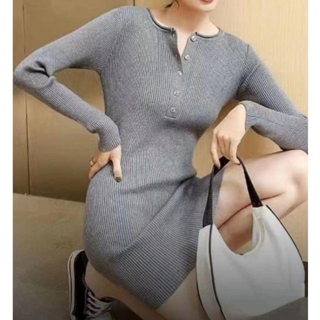 Long-Sleeve Half Buttoned Plain Knit Mini Bodycon Dress Product Image