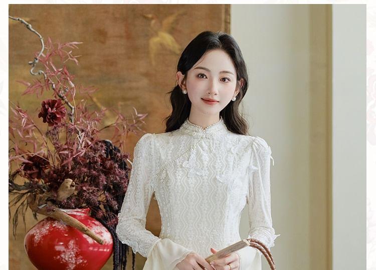 Bell Sleeve Mandarin Collar Panel Lace Midi A-Line Dress Product Image