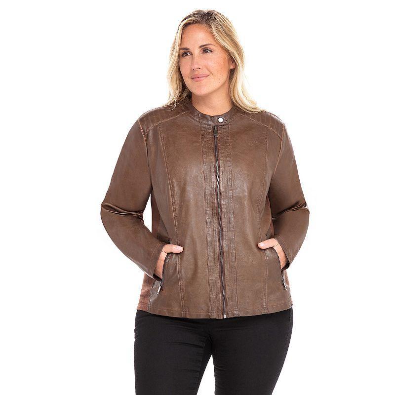 Womens Sebby Collection Faux-Leather Racing Jacket Beige Product Image