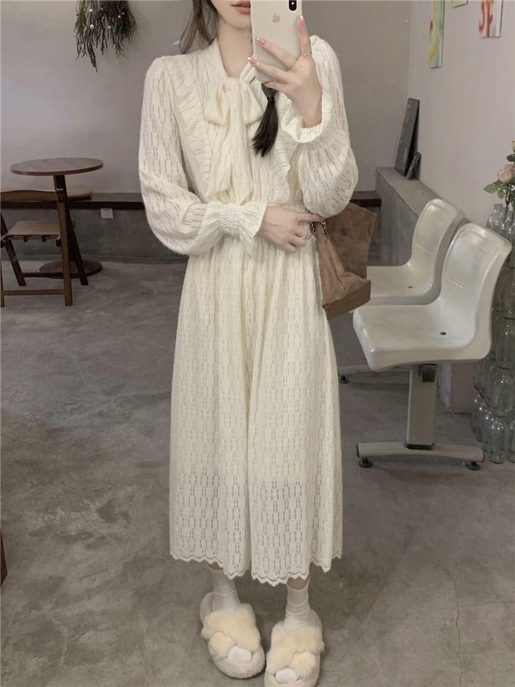 Long-Sleeve Tie-Neck Plain Lace Midi A-Line Dress Product Image