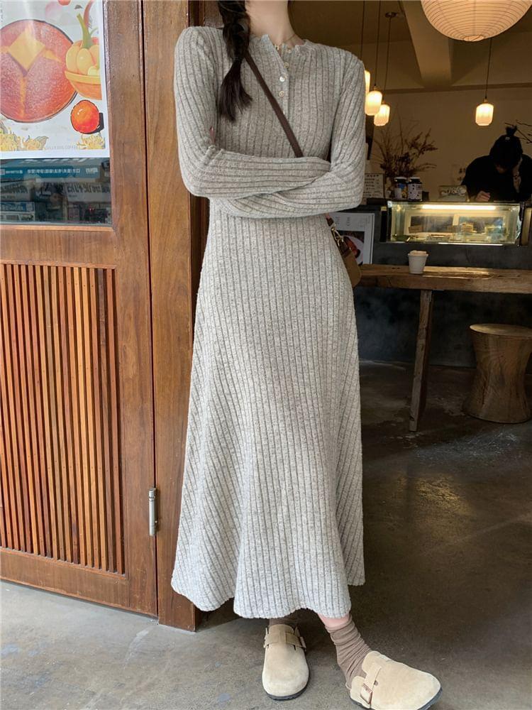 Long-Sleeve Henley Melange Ribbed Midi A-Line Knit Dress Product Image