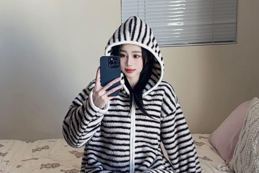 Striped Hooded Fleece Zip Robe Product Image