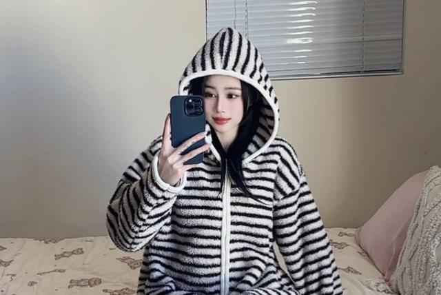 Striped Hooded Fleece Zip Robe Product Image