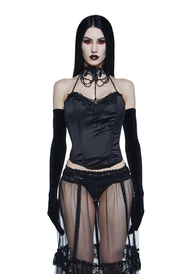 Widow Satin Corset Top With Beading And Lace Appliques - Black Product Image