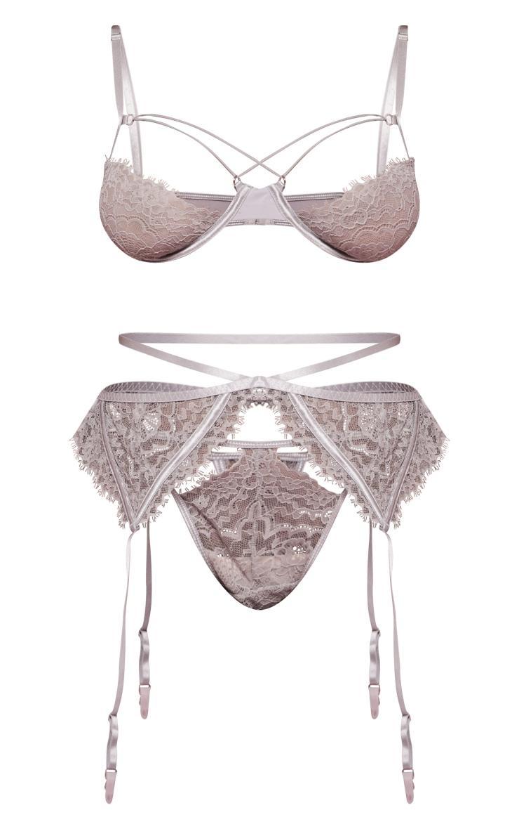 Plus Grey Lace Up Detail Cut Out 3 Piece Lingerie Set Product Image