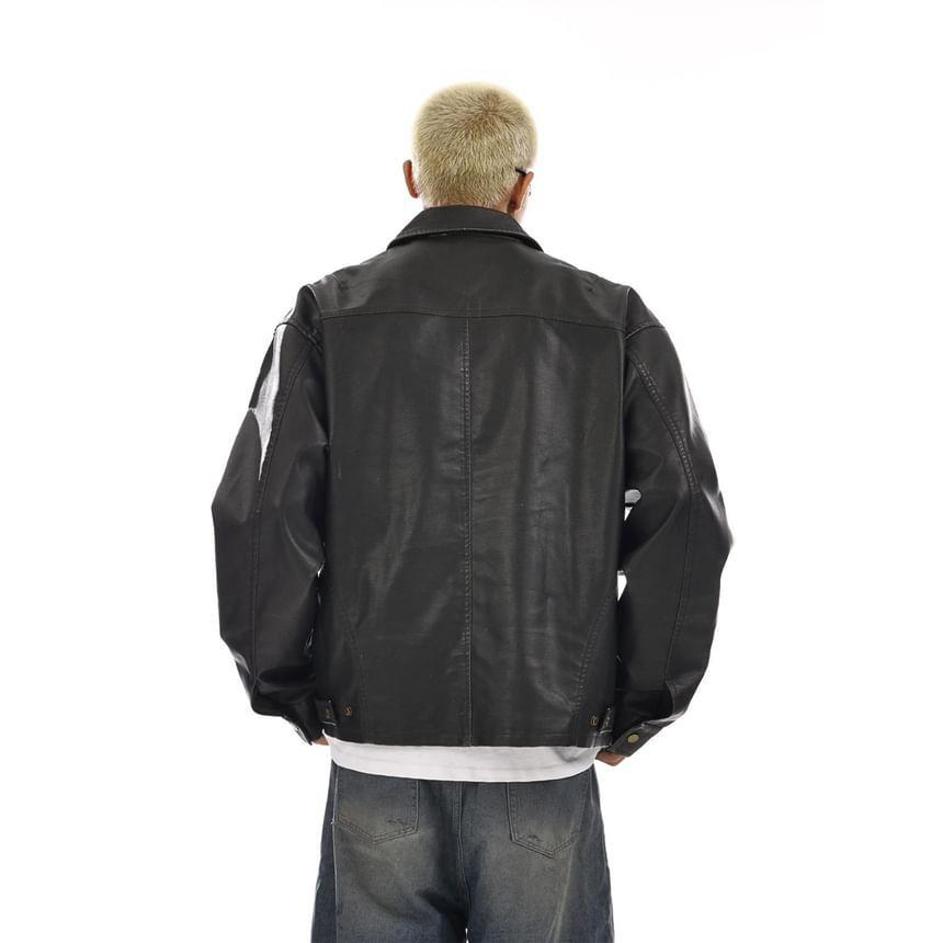 Collared Plain Faux Leather Zip Jacket Product Image