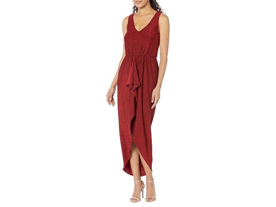 Calvin Klein V-Neck Glitter Knit Gown with Ruched Front Red) Women's Dress product image