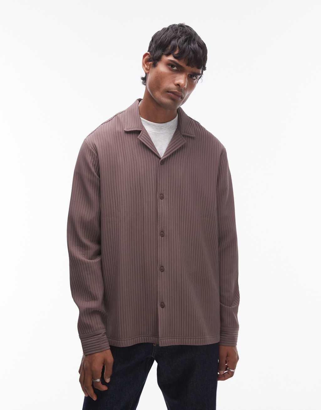 Topman long sleeve chunky plisse shirt in chocolate Product Image