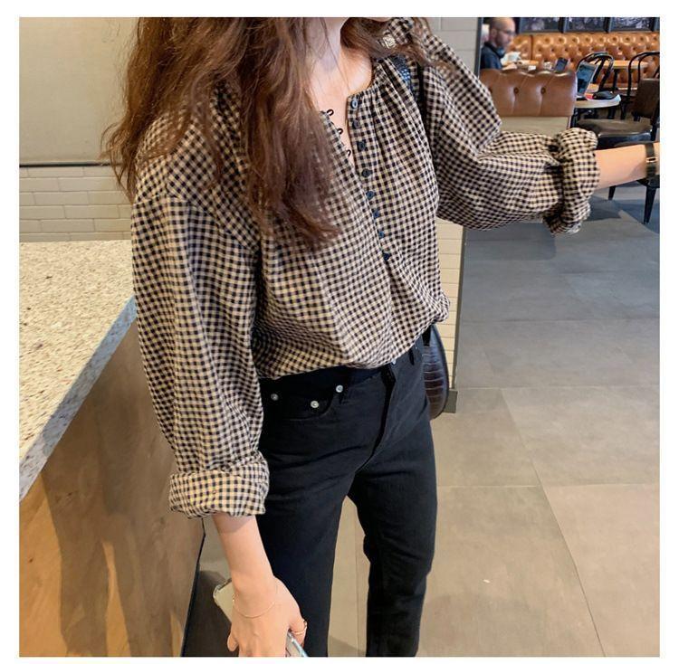 Long-Sleeve Collar-Neck Plaid Blouse Product Image