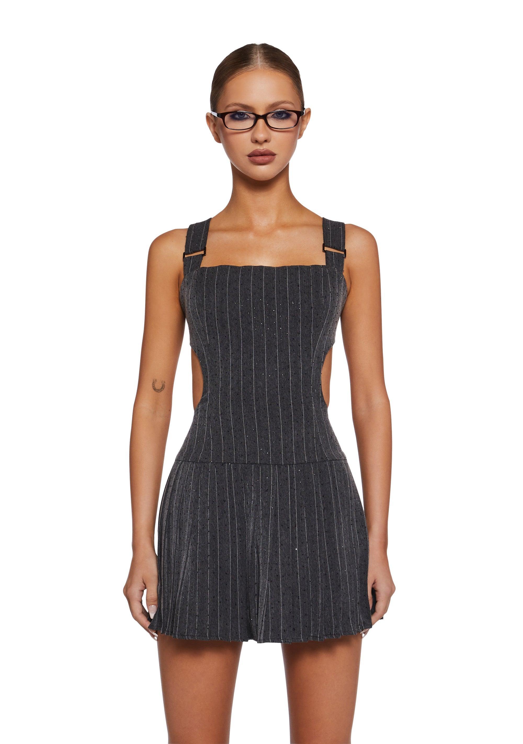 Twill Rhinestone Pinstripe Open Back Mini Dress - Black Product Image