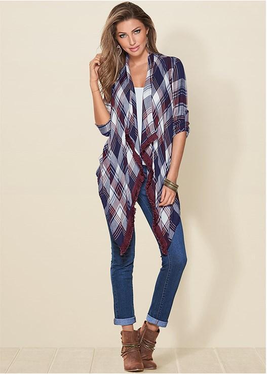 Plaid And Fringe Cardigan Product Image