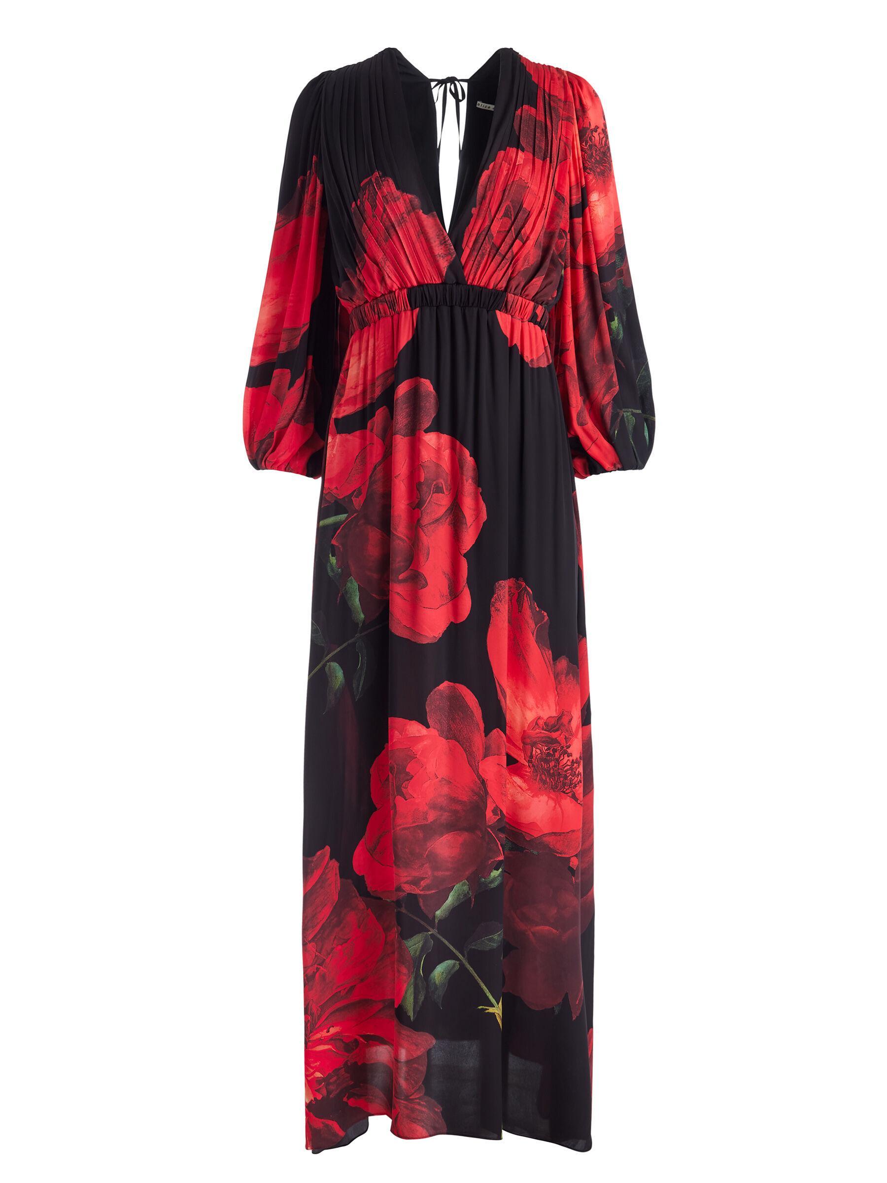 ALICE AND OLIVIA Clarissa Deep V Godet Maxi Dress In Peony Petals Bright Ruby Product Image