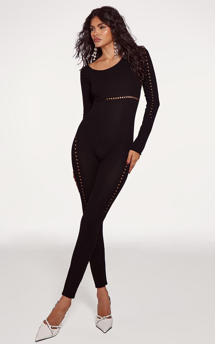 Black Sheer Knit Cut Out Detail Jumpsuit Product Image