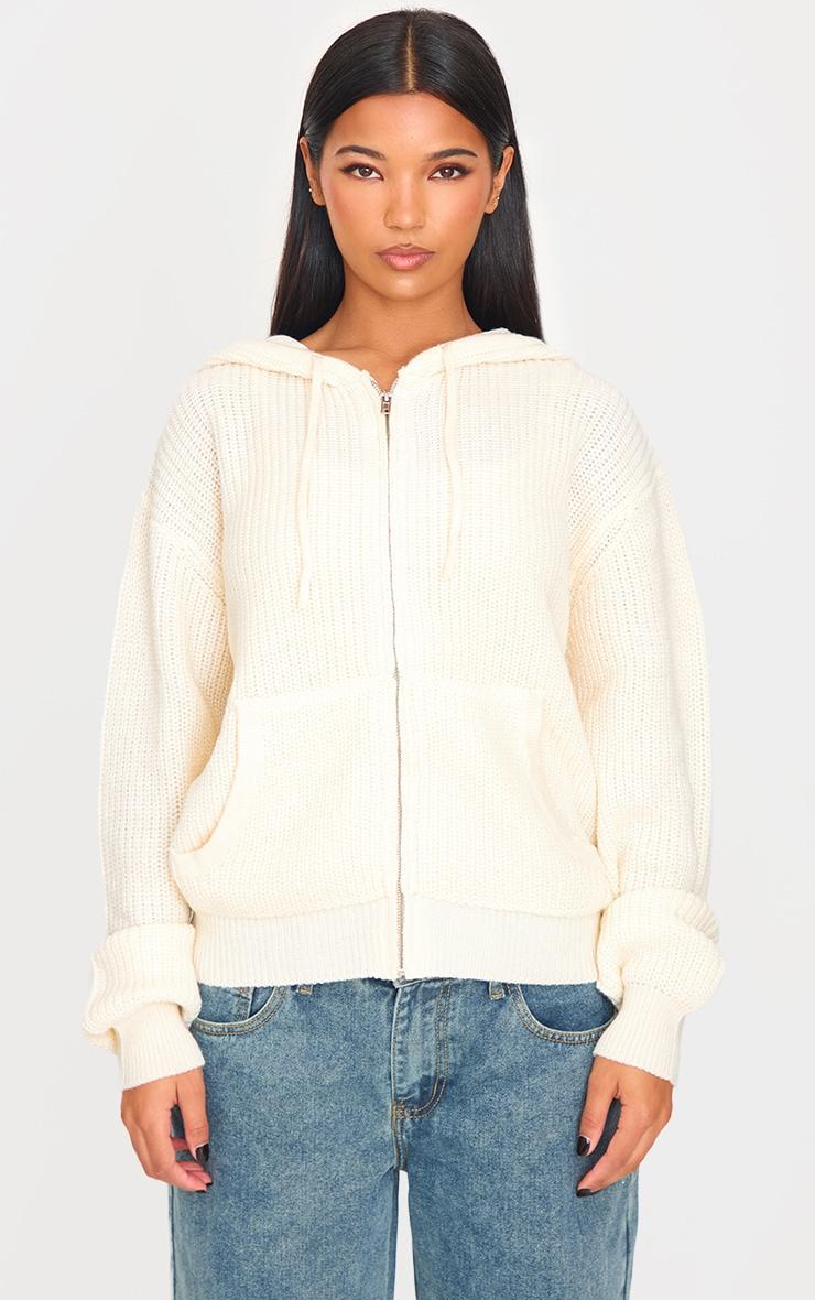 Cream Thick Rib Knit Zip Up Hoodie Product Image