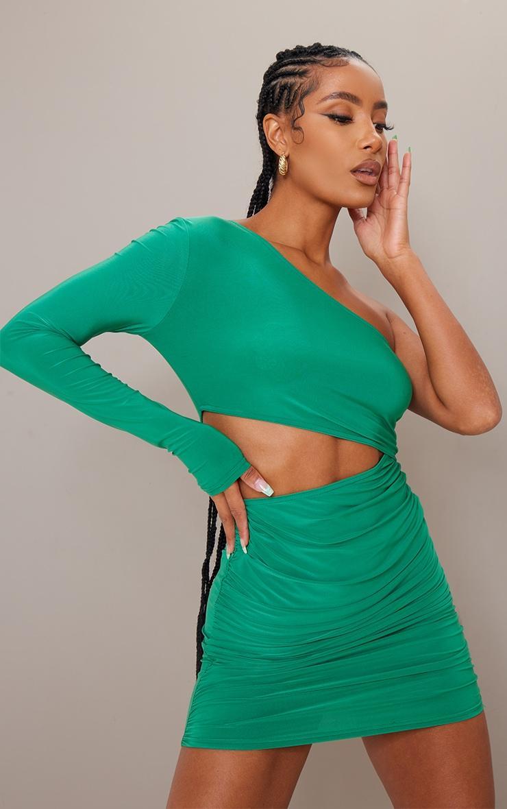 Bright Green Slinky One Shoulder Waist Cut Out Ruched Bodycon Dress Product Image