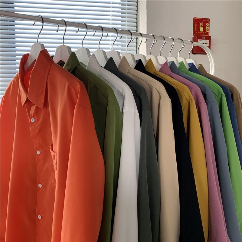 Long-Sleeve Plain Button-Up Shirt Product Image