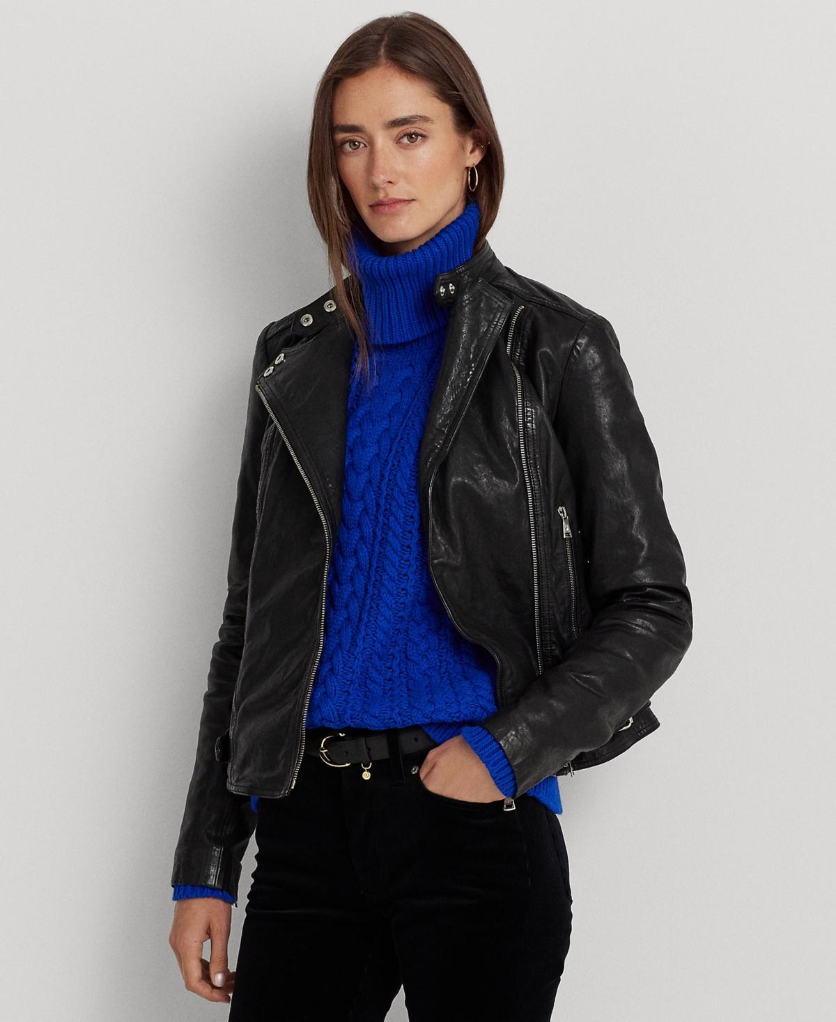 LAUREN Ralph Lauren Burnished Leather Moto Jacket (Polo Black) Women's Coat Product Image