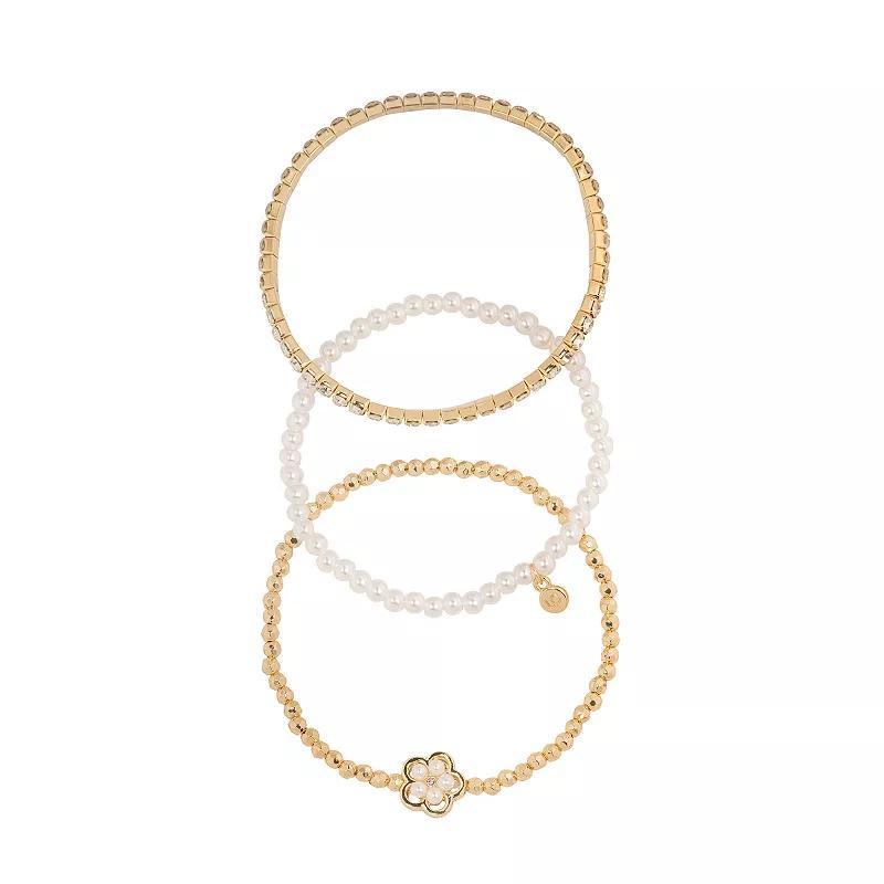 LC Lauren Conrad Gold Tone Simulated Pearl Flower Stretch Bracelet Trio, Womens, White Product Image