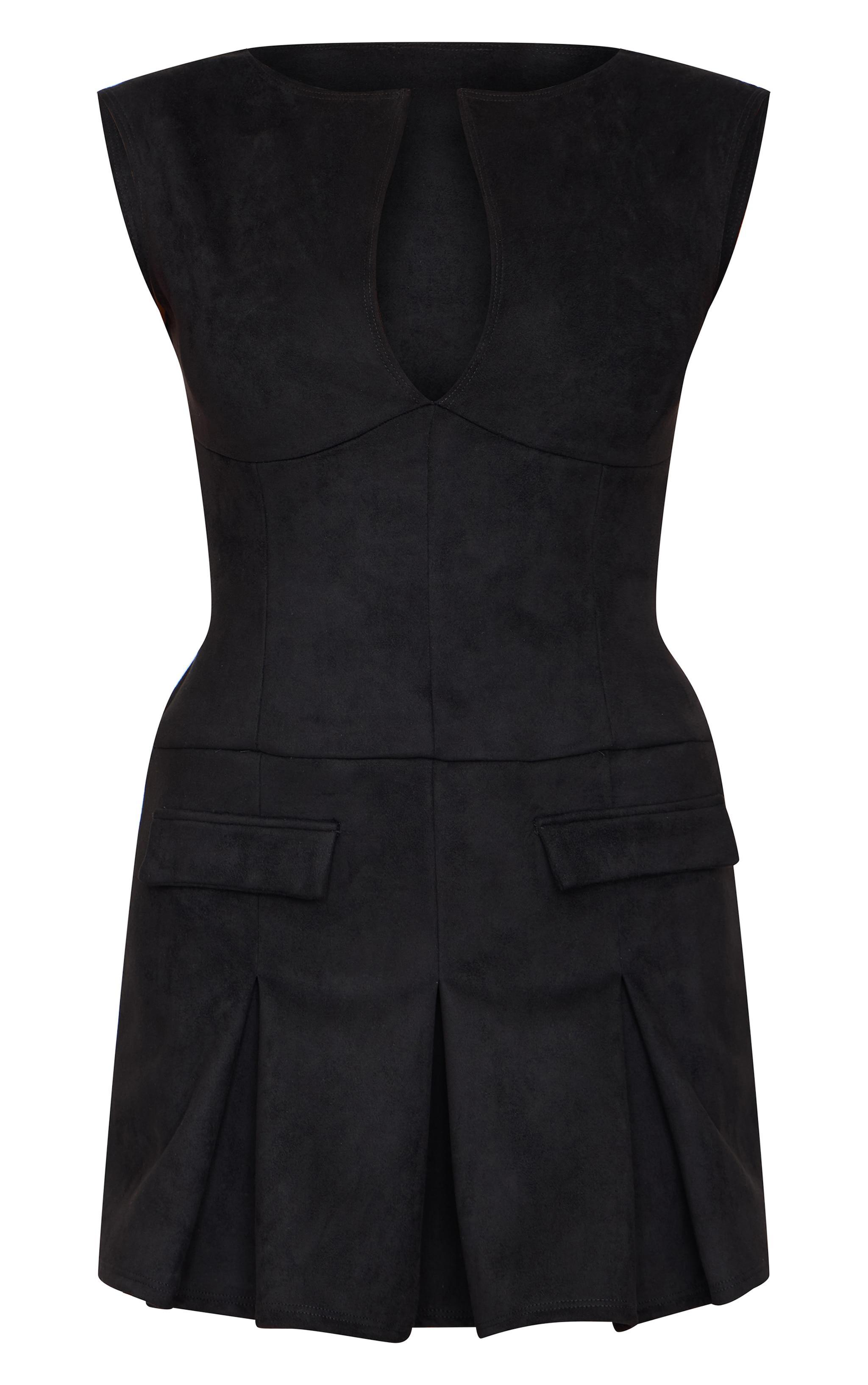 Black Faux Suede Pleated Pocket Detail Shift Dress Product Image