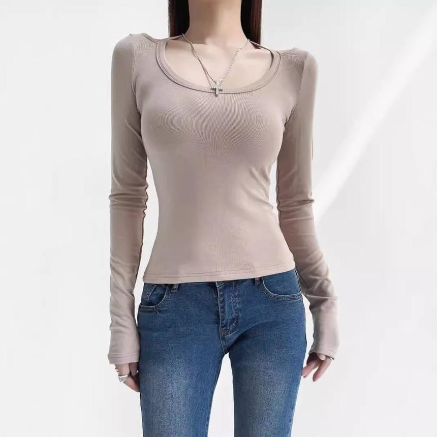 Long Sleeve Cold Shoulder Scoop Neck Plain Ribbed Tee Product Image