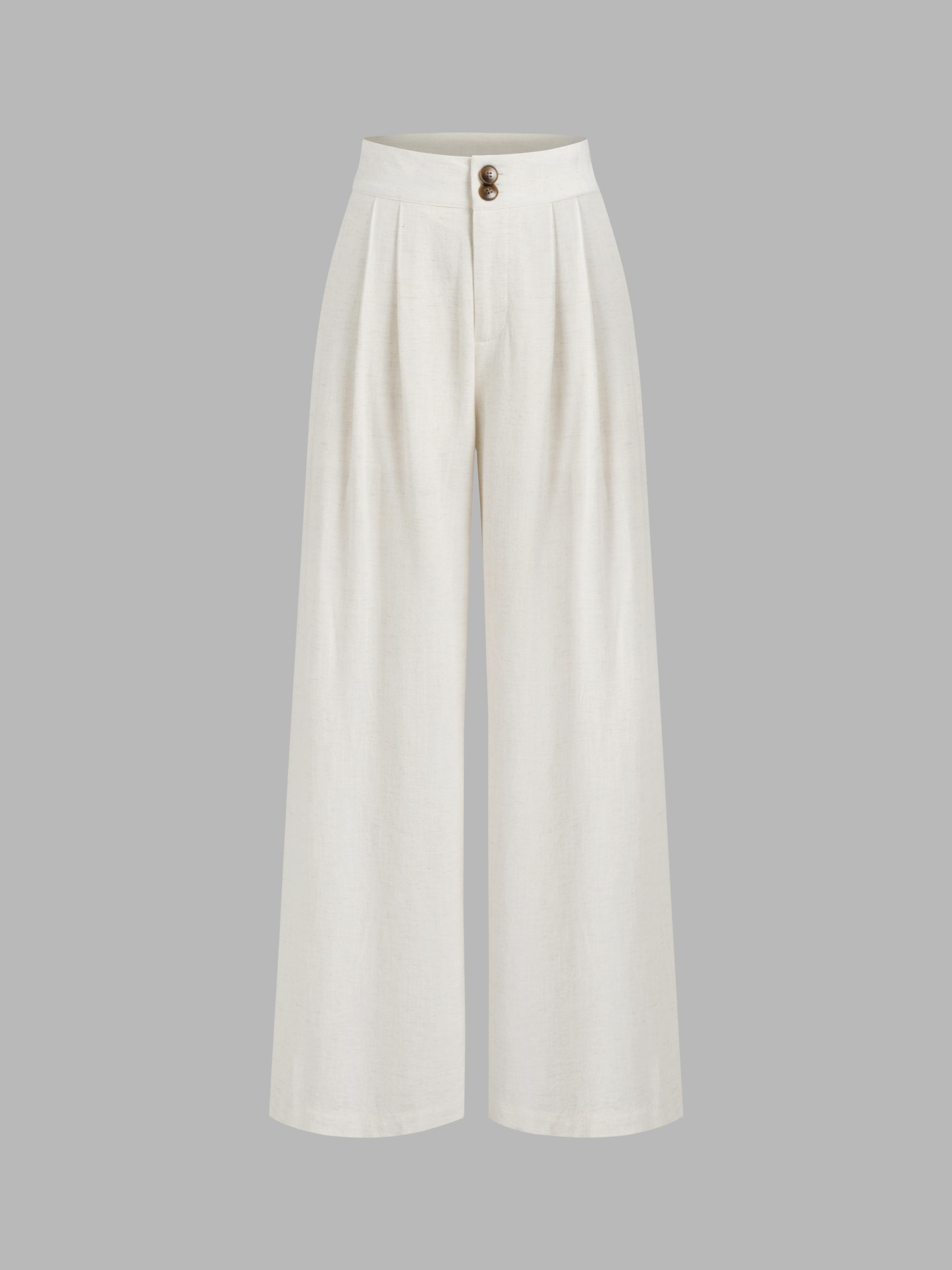 Linen-blend Mid Rise Solid Button Pocket Wide Leg Trousers  Product Image