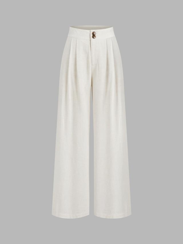 Linen-blend Mid Rise Solid Button Pocket Wide Leg Trousers  Product Image