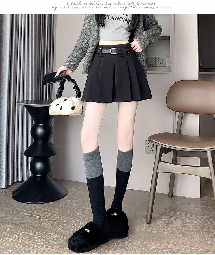 High Waist Plain Pleated Mini A-Line Skirt Product Image