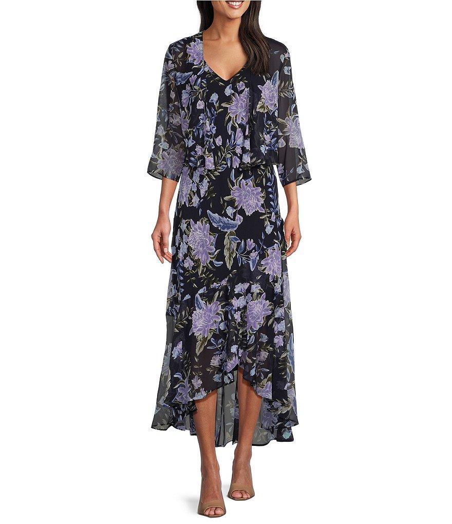 R & M Richards 3/4 Sleeve V-Neck Foil Trim Floral 2-Piece Jacket Dress Product Image