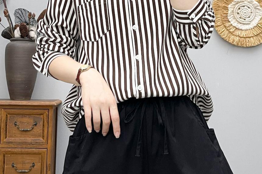 Long Sleeve Lapel Collar Striped Button Shirt Product Image