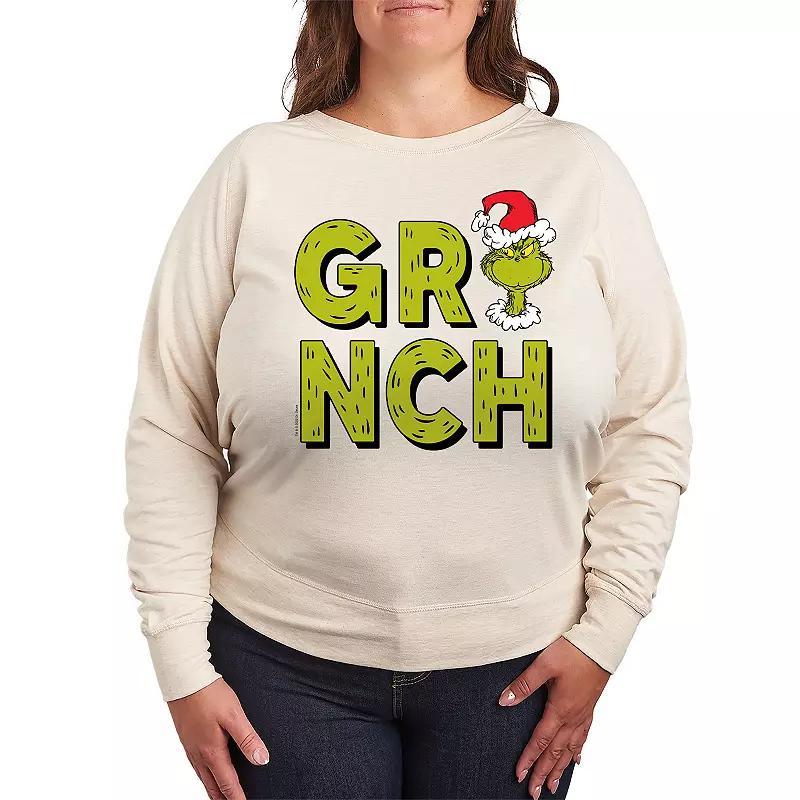 Plus Size Dr. Seuss Grinch Fur Letters Lightweight French Terry Sweatshirt, Womens Product Image