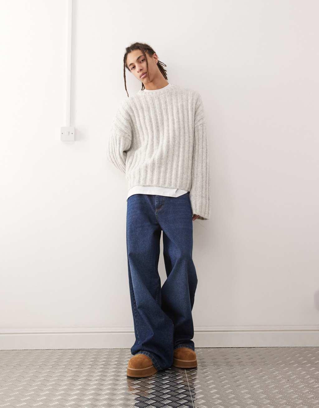 Weekday Connor wool blend slightly cropped rib sweater in light gray Product Image