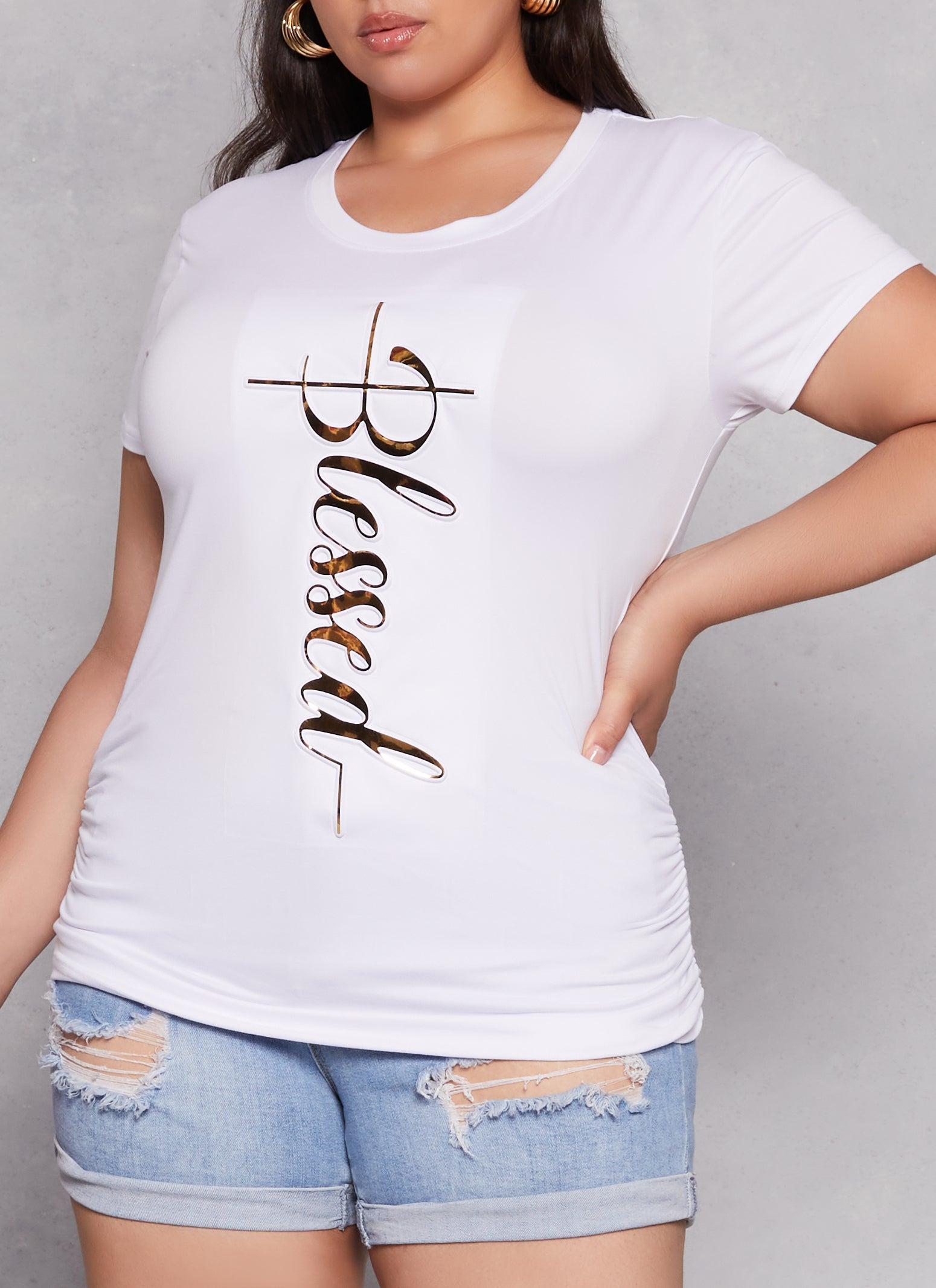 Womens Plus Size 3D Foil Blessed Ruched Graphic Tee product image