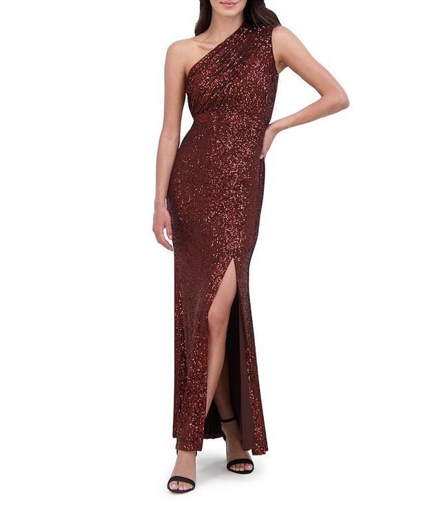 Vince Camuto Sequin Asymmetrical Sleeveless Ruched One Side Shoulder Side Slit Sheath Flounce Gown Product Image